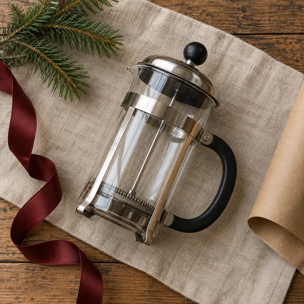 Representative photo-style image of classic french press coffee maker — generated, not a specific product