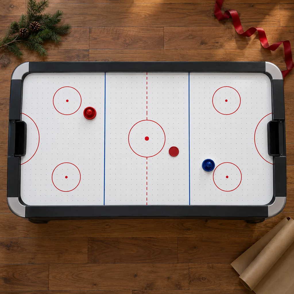 Representative photo-style image of classic full-size air hockey table — generated, not a specific product