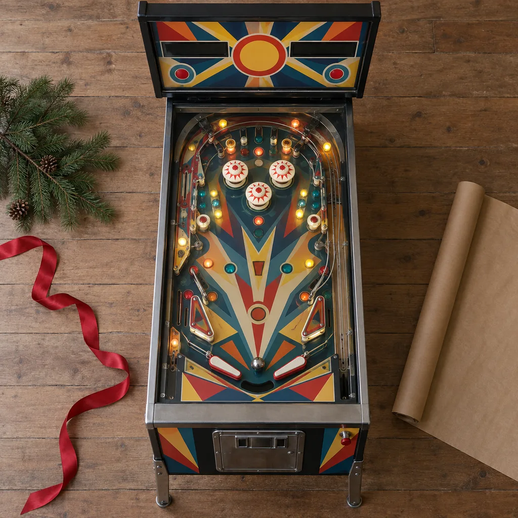 Representative photo-style image of classic full-size pinball machine — generated, not a specific product
