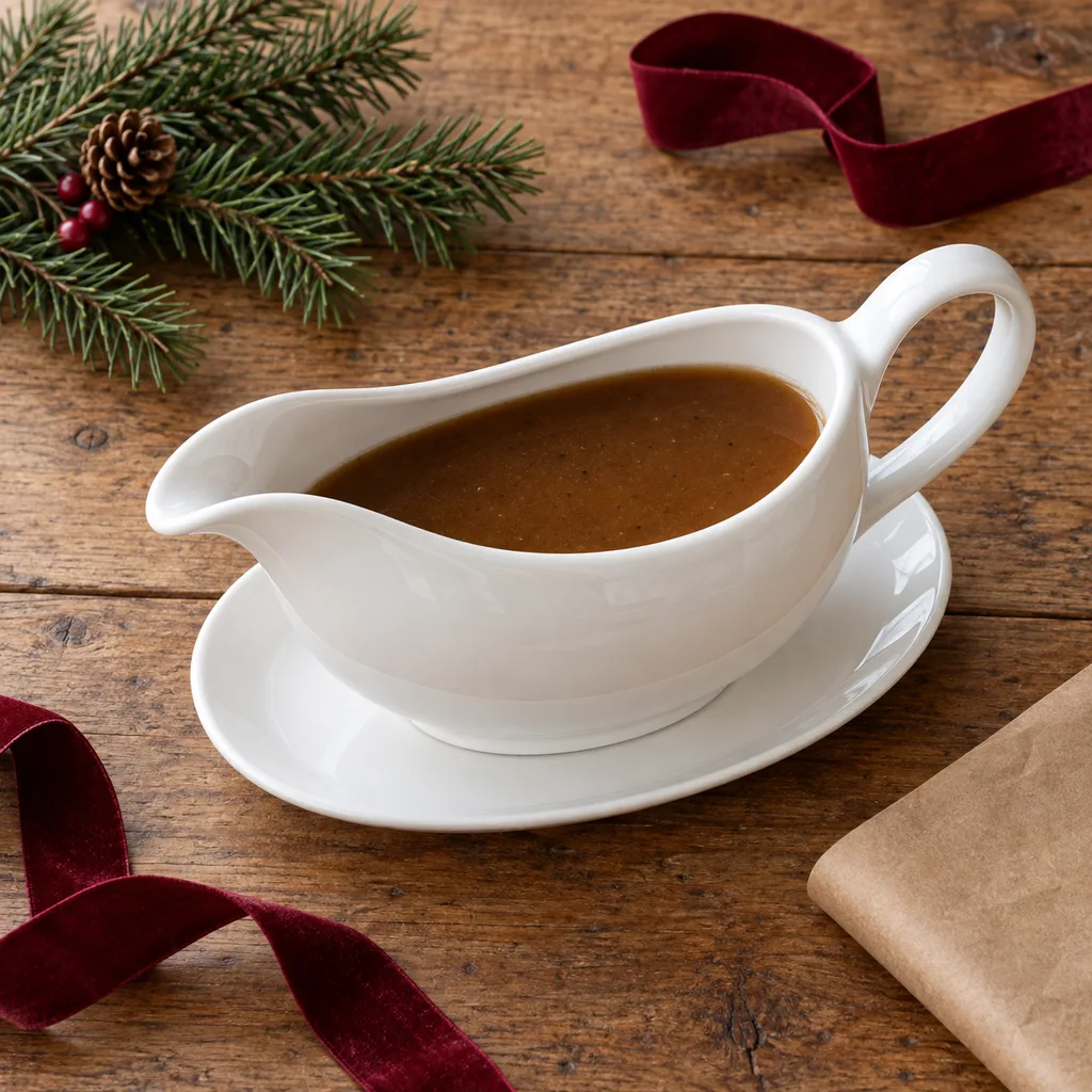 Representative photo-style image of classic gravy boat with saucer — generated, not a specific product