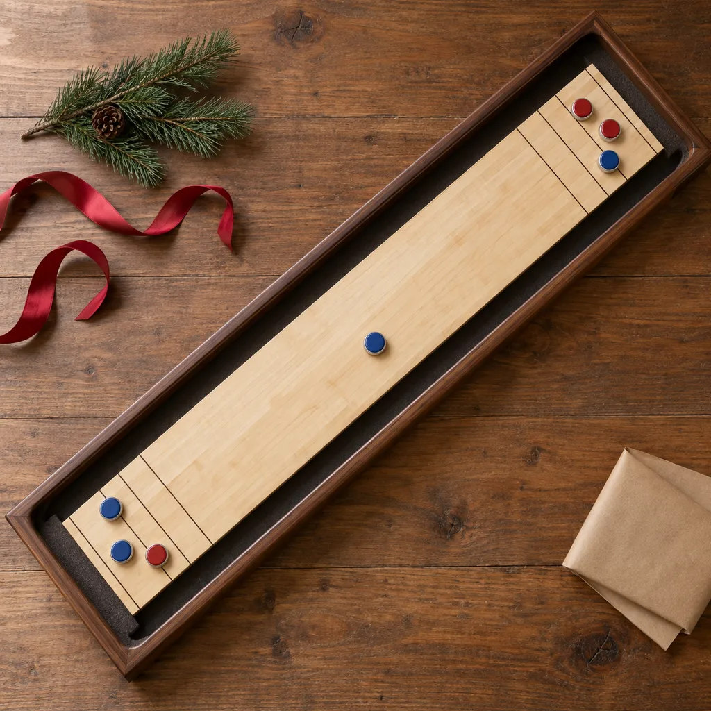 Representative photo-style image of classic indoor table shuffleboard game — generated, not a specific product