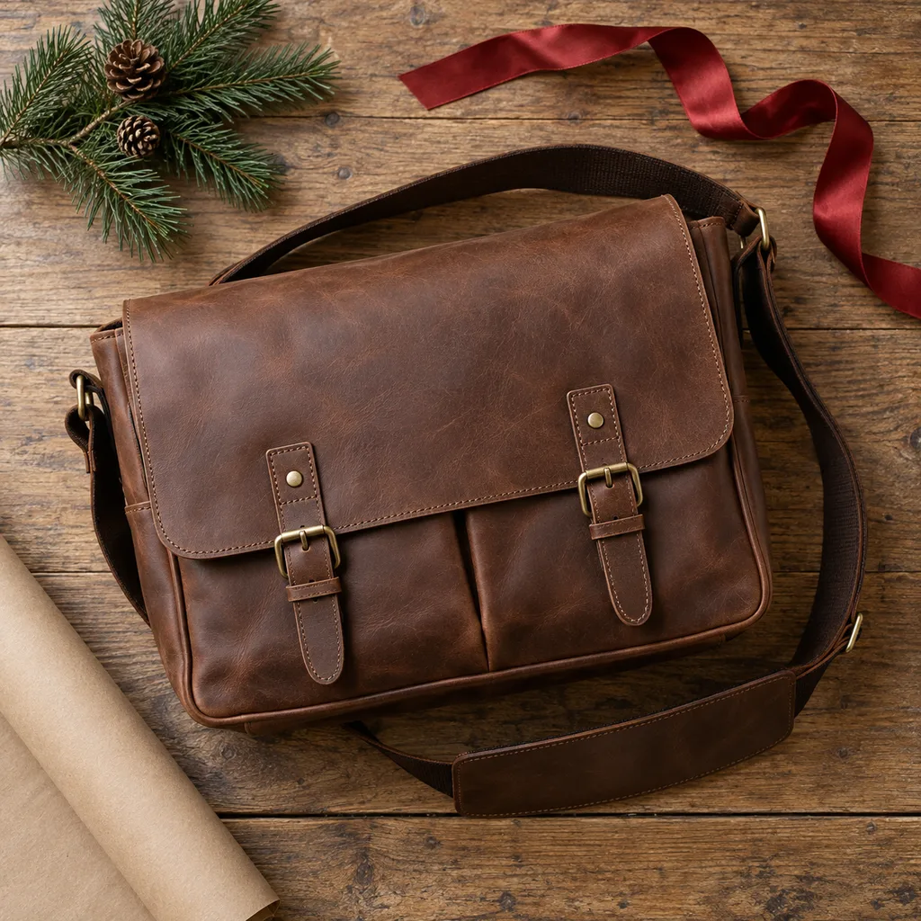 Representative photo-style image of classic leather messenger bag — generated, not a specific product