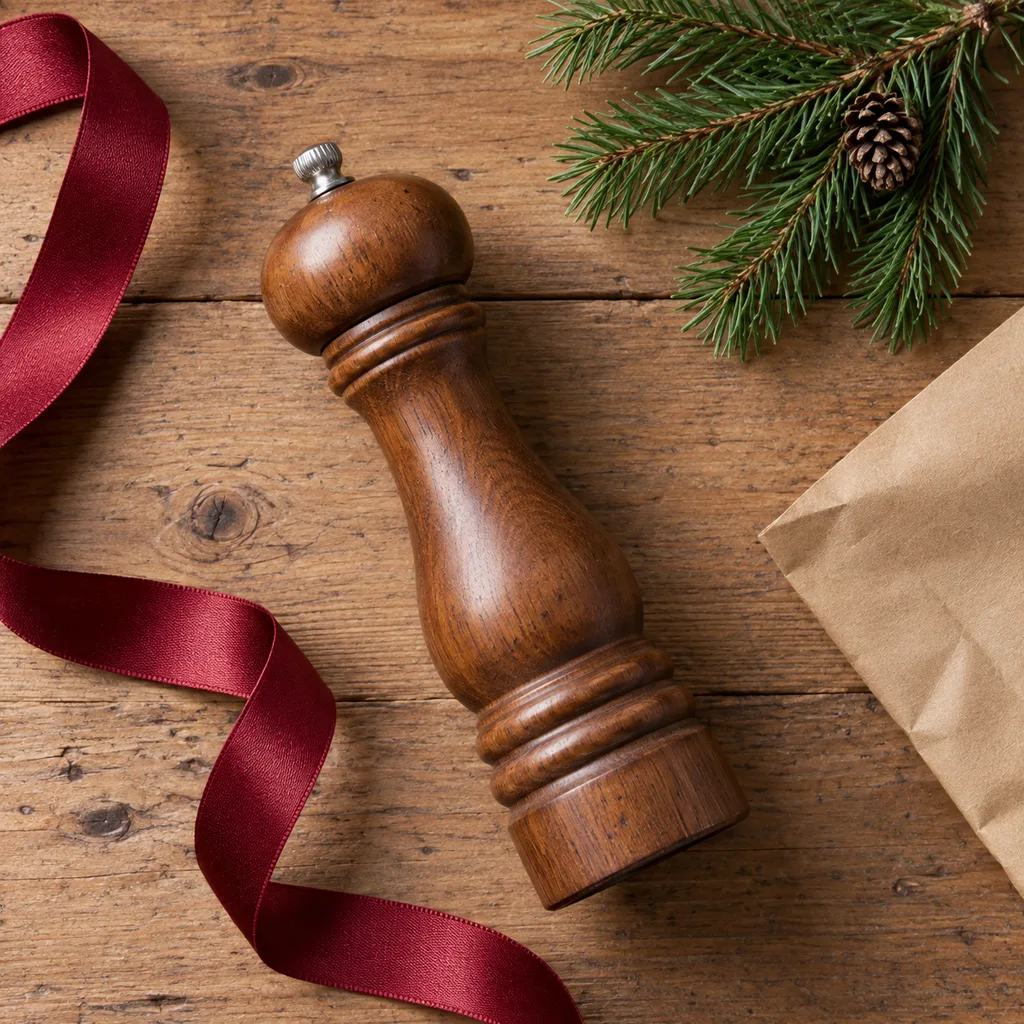 Representative photo-style image of classic manual pepper mill — generated, not a specific product