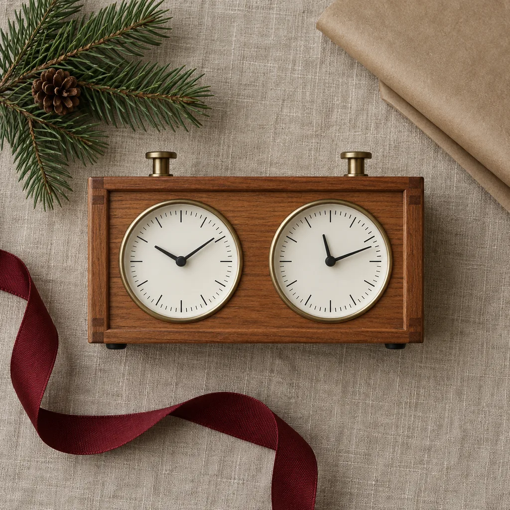 Representative photo-style image of classic mechanical board game timer — generated, not a specific product