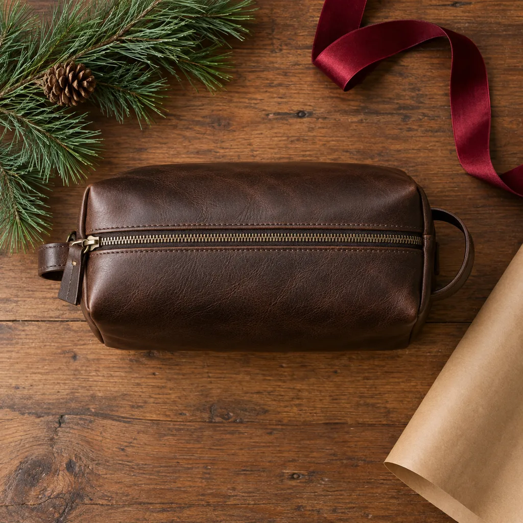 Representative photo-style image of classic men's shaving kit bag — generated, not a specific product