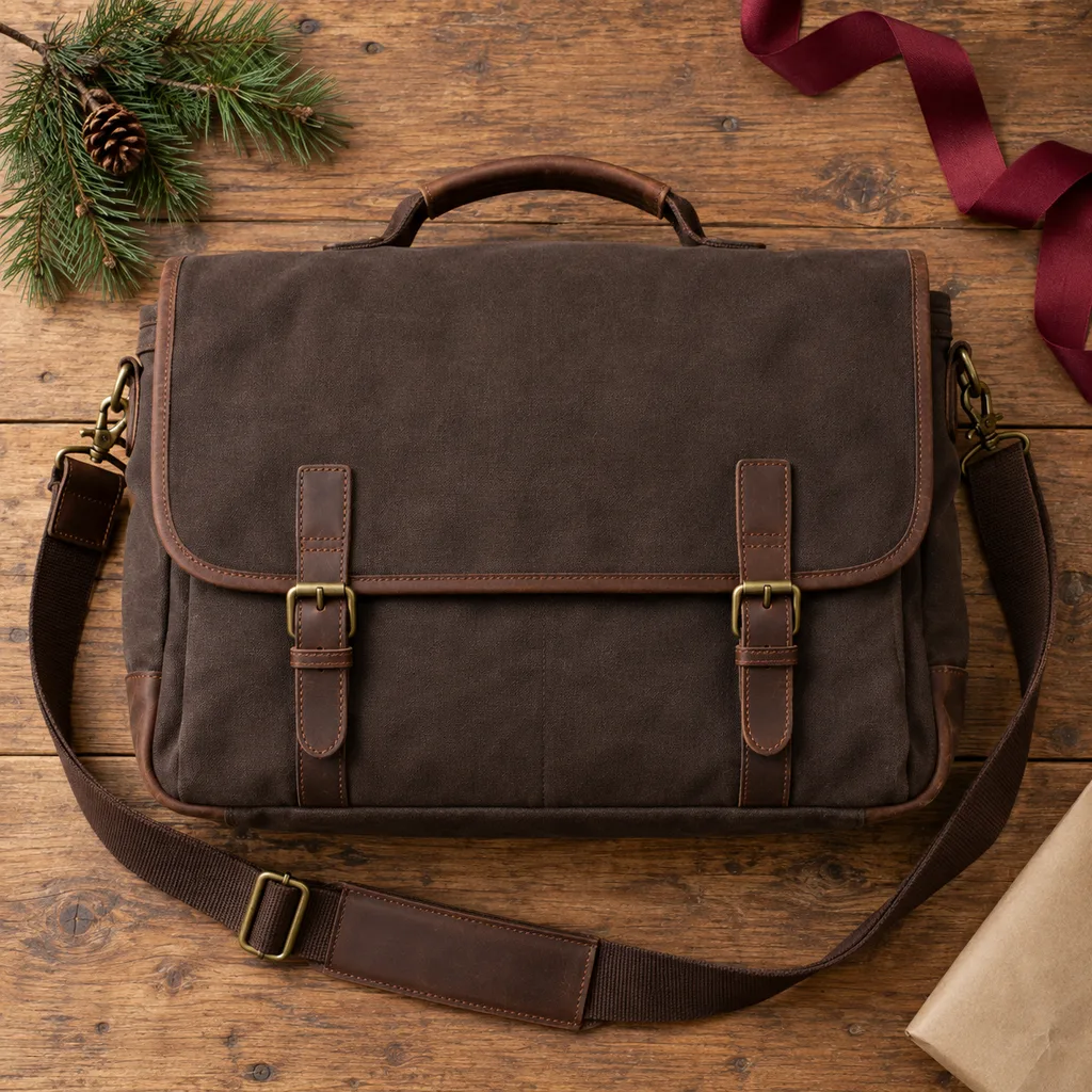 Representative photo-style image of classic messenger laptop bag — generated, not a specific product