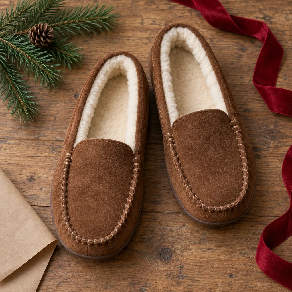 Representative photo-style image of classic moc-toe house slippers — generated, not a specific product
