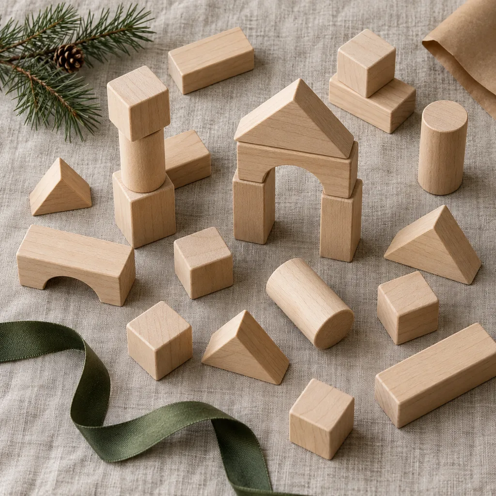Representative photo-style image of classic natural wooden building blocks set — generated, not a specific product