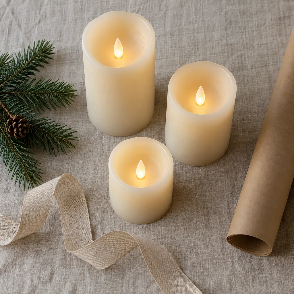 Representative photo-style image of flameless pillar candles — generated, not a specific product