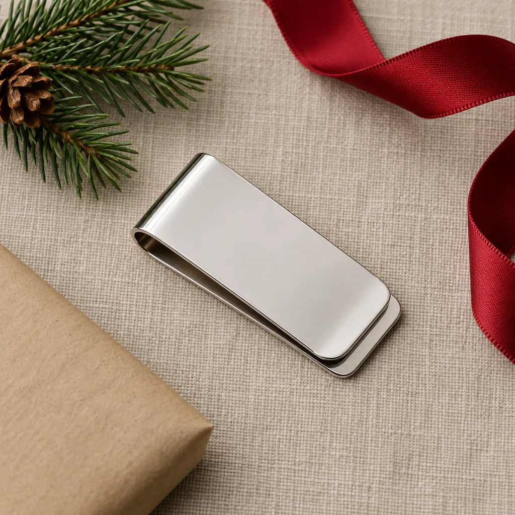 Representative photo-style image of classic polished metal money clip — generated, not a specific product