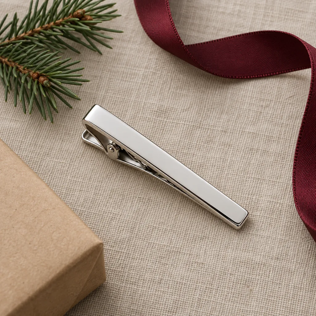 Representative photo-style image of classic polished metal tie clip — generated, not a specific product