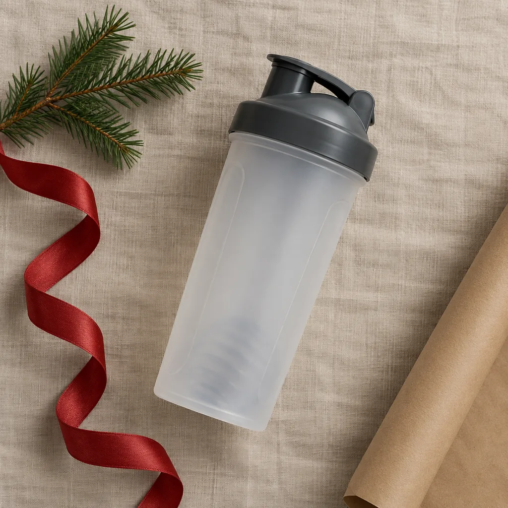 Representative photo-style image of protein shaker bottle — generated, not a specific product