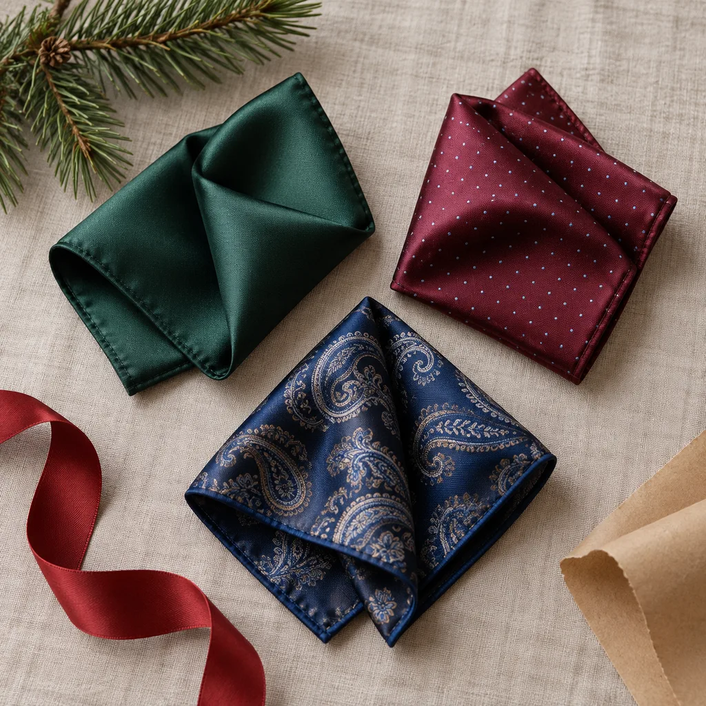 Representative photo-style image of silk pocket squares — generated, not a specific product