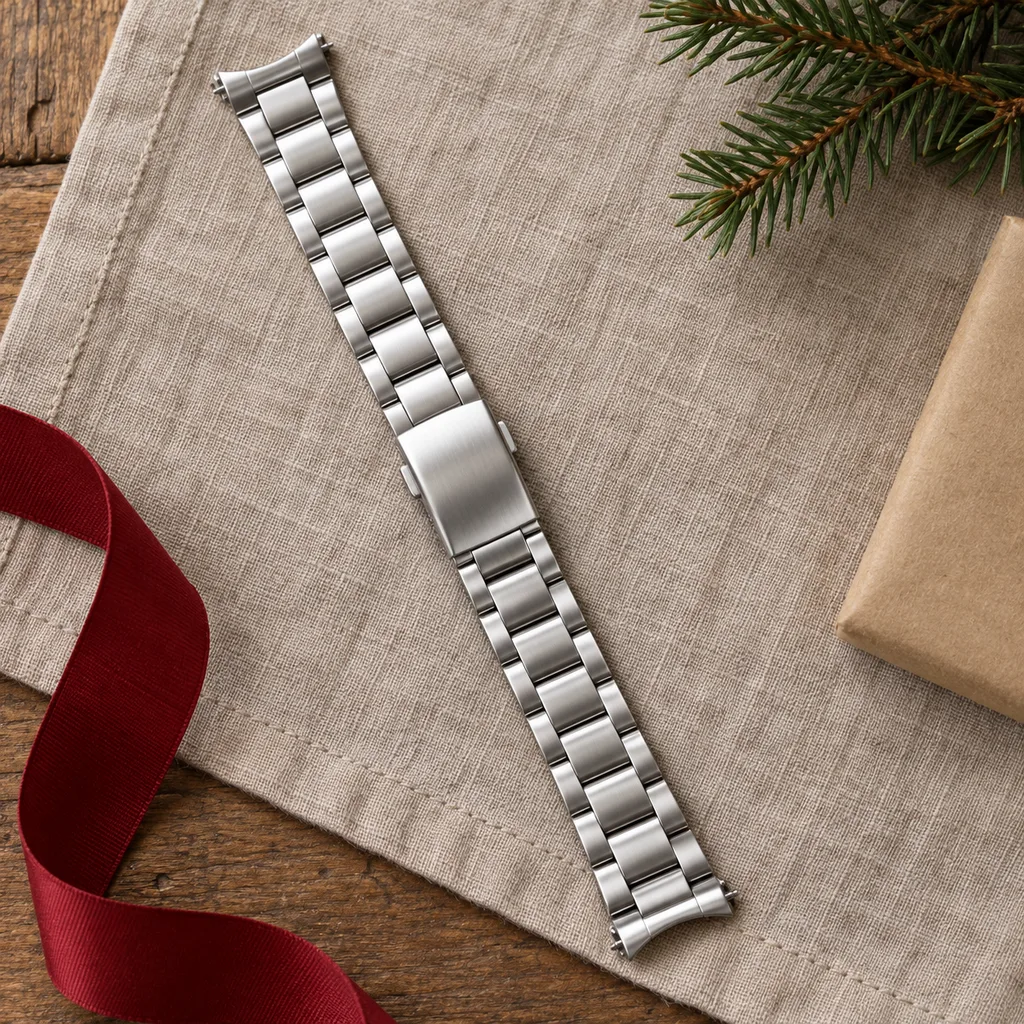 Representative photo-style image of classic stainless steel link watch band — generated, not a specific product