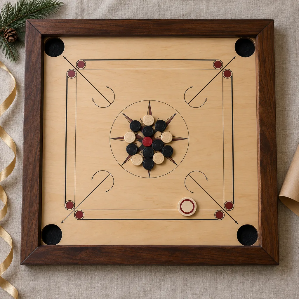 Representative photo-style image of classic wooden carrom board game set — generated, not a specific product