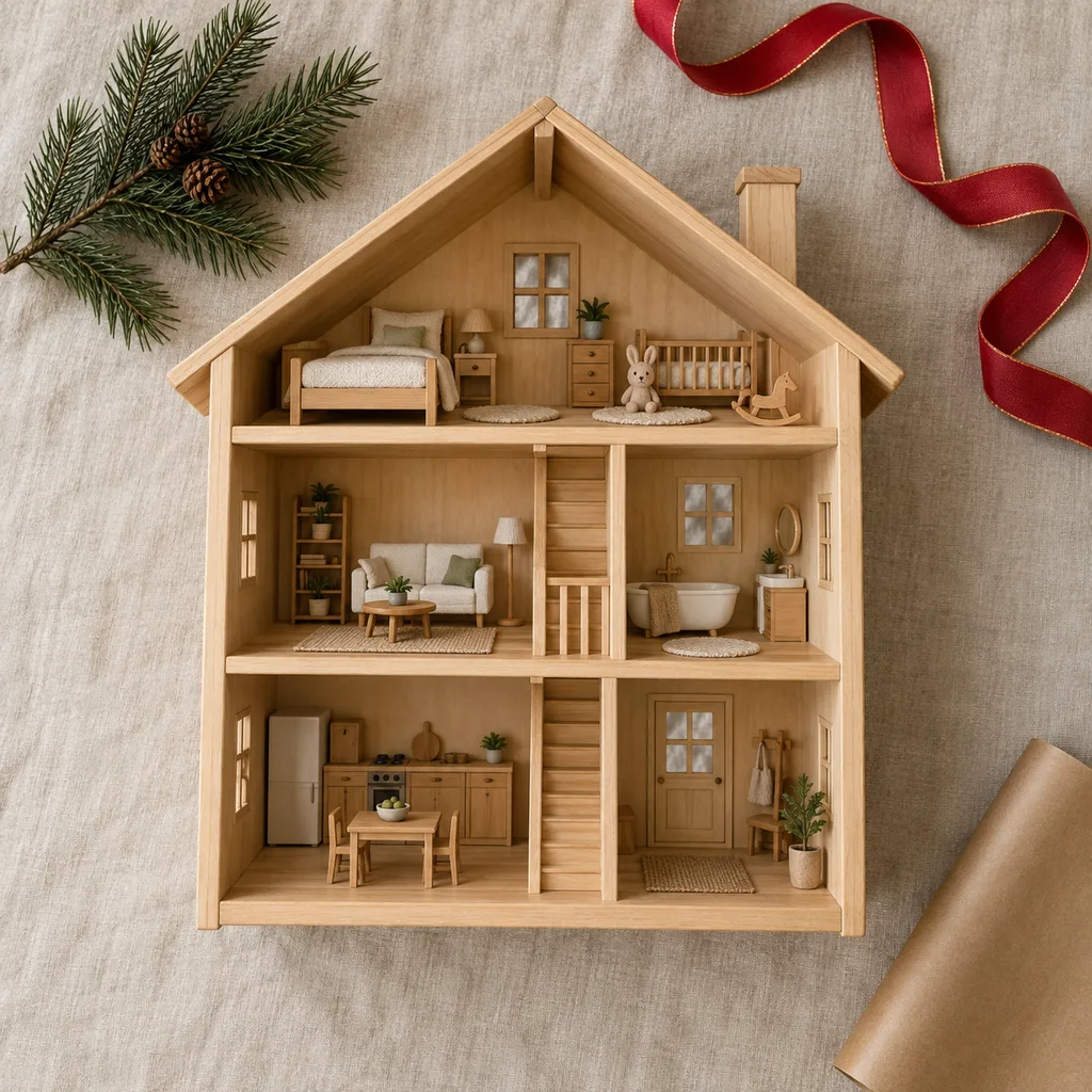 Representative photo-style image of classic wooden multi-story dollhouse — generated, not a specific product