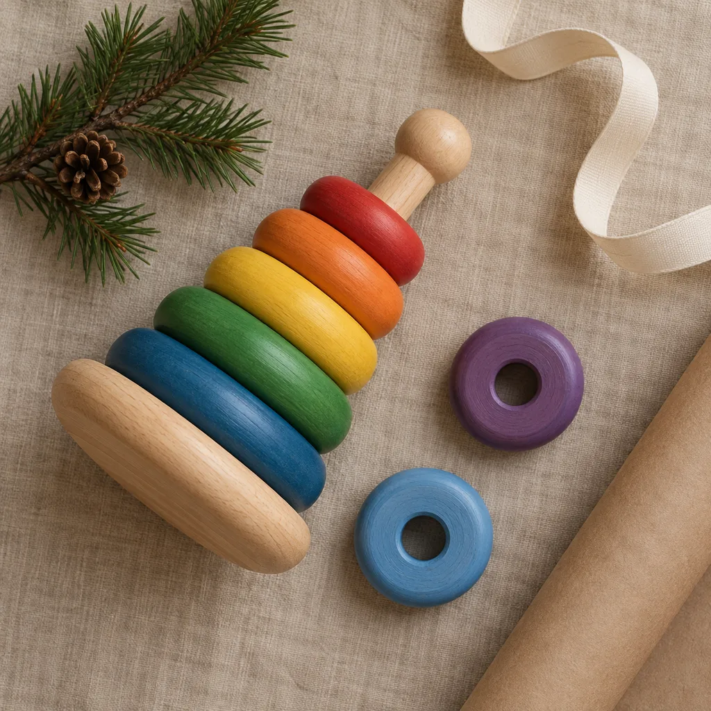 Representative photo-style image of classic wooden ring stacker — generated, not a specific product
