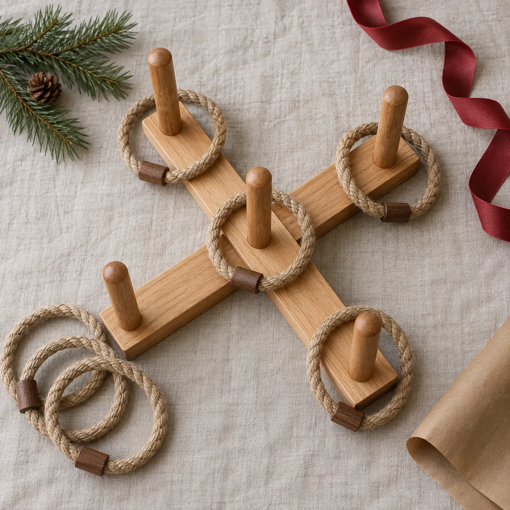 Representative photo-style image of classic wooden ring toss set — generated, not a specific product