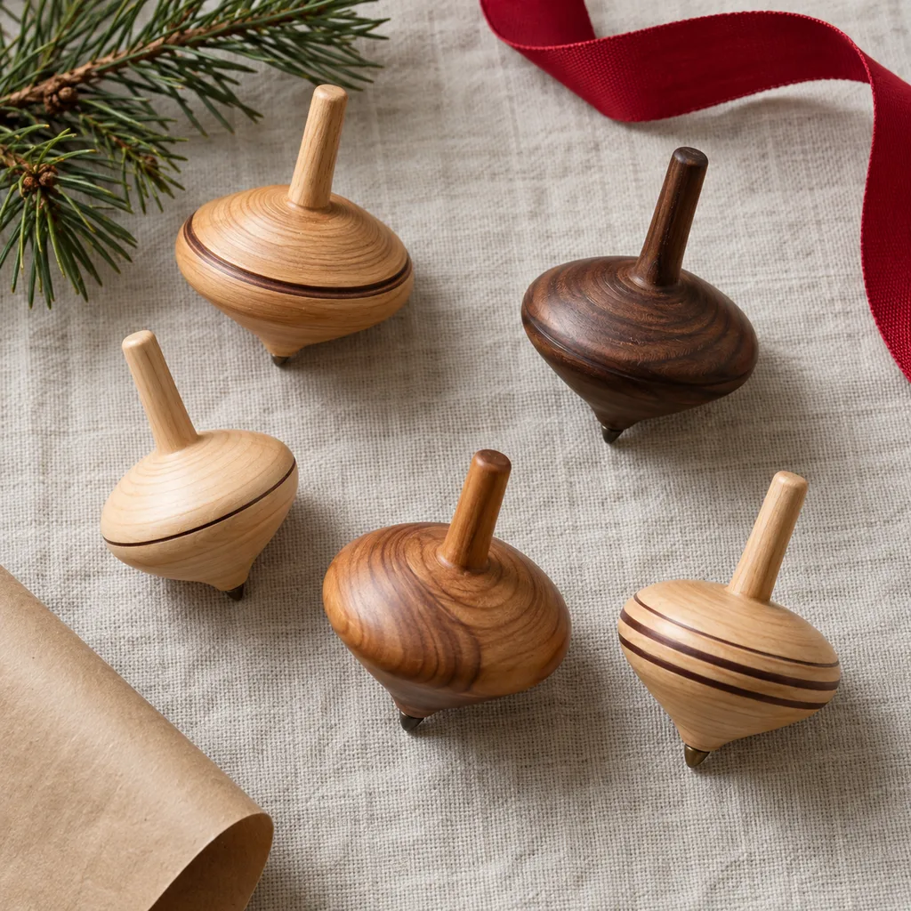 Representative photo-style image of classic wooden spinning top set — generated, not a specific product