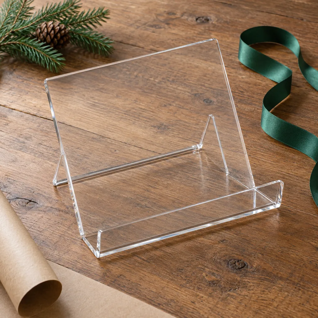 Representative photo-style image of clear acrylic book display stand — generated, not a specific product