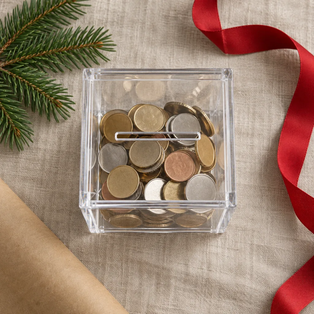 Representative photo-style image of clear acrylic savings box — generated, not a specific product