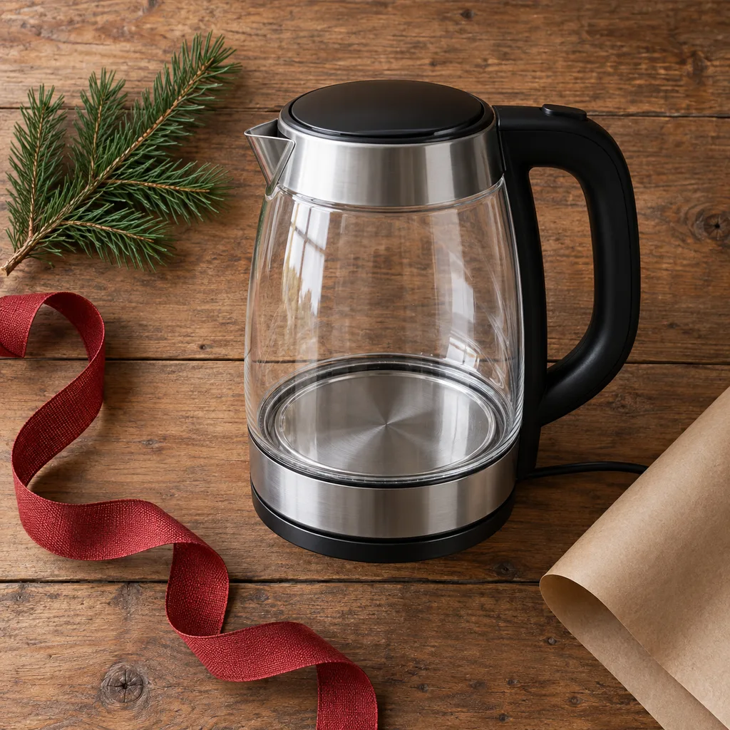 Representative photo-style image of clear glass electric kettle — generated, not a specific product