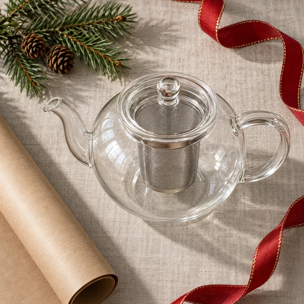Representative photo-style image of clear glass teapot with infuser — generated, not a specific product