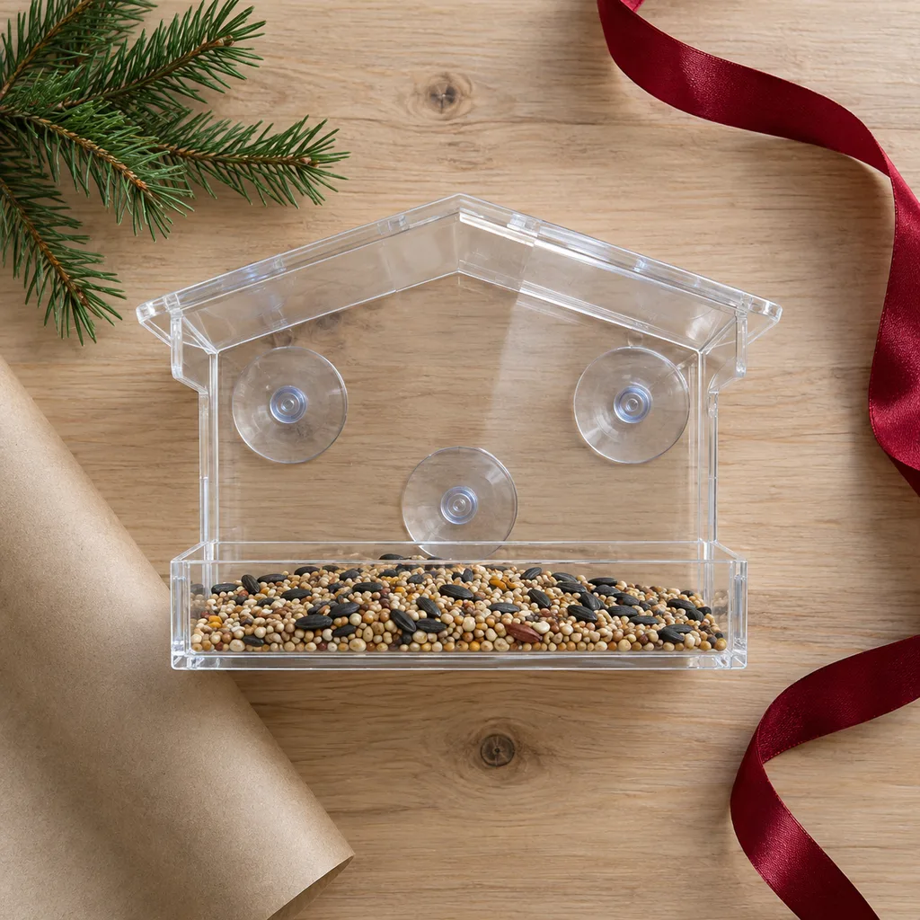 Representative photo-style image of clear view window bird feeder — generated, not a specific product