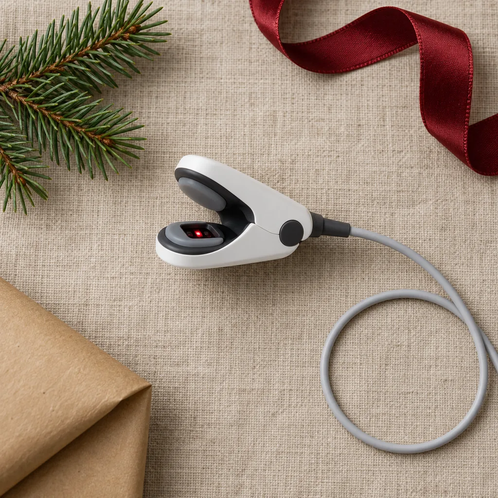 Representative photo-style image of clip-on earlobe heart rate sensor — generated, not a specific product