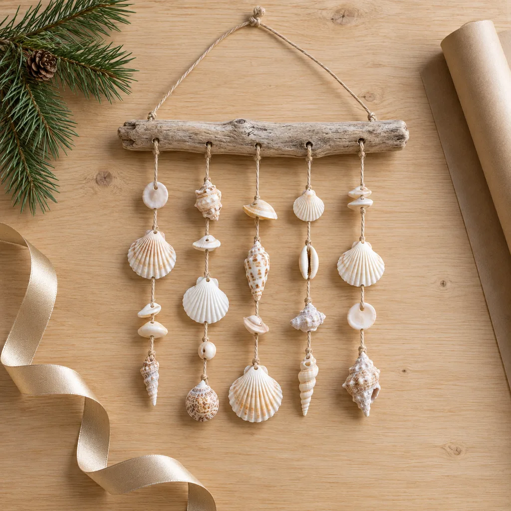 Representative photo-style image of coastal seashell wind chimes — generated, not a specific product
