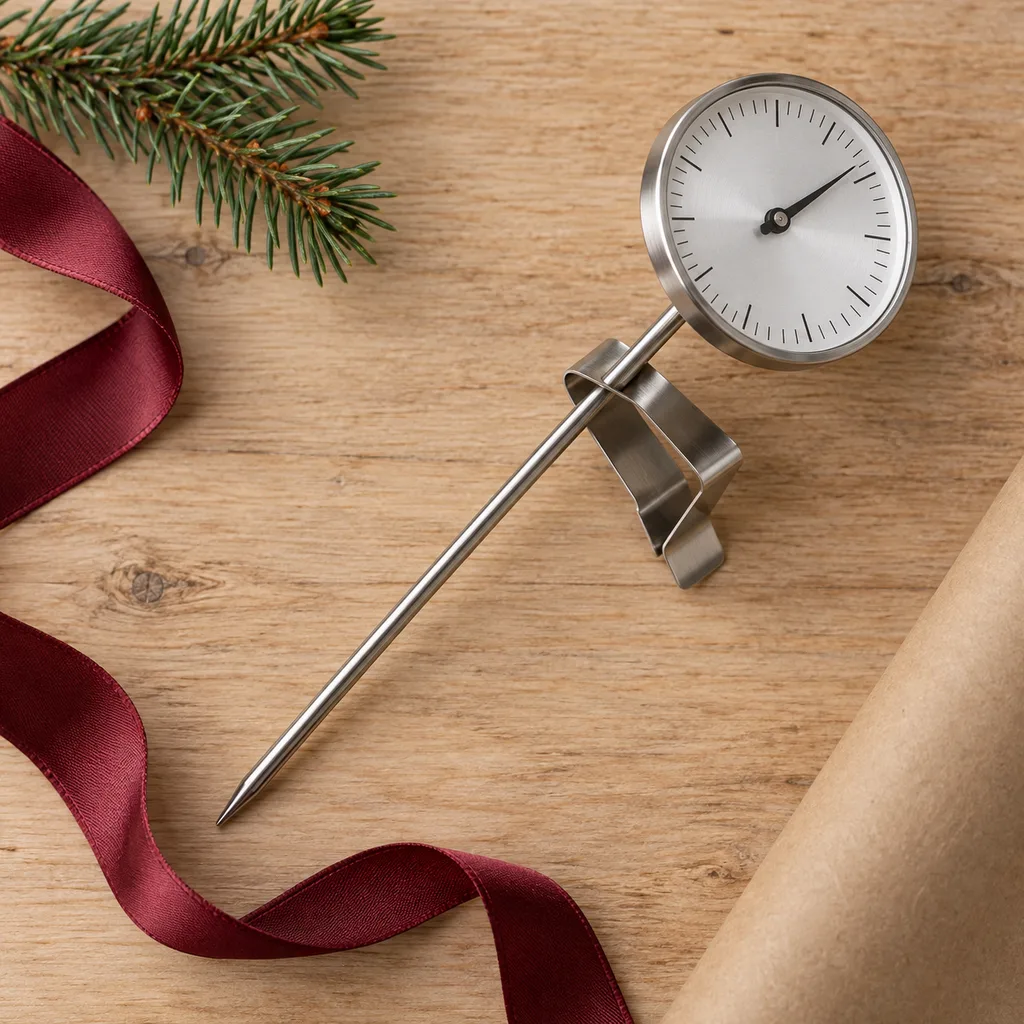 Representative photo-style image of coffee and milk frothing thermometer — generated, not a specific product