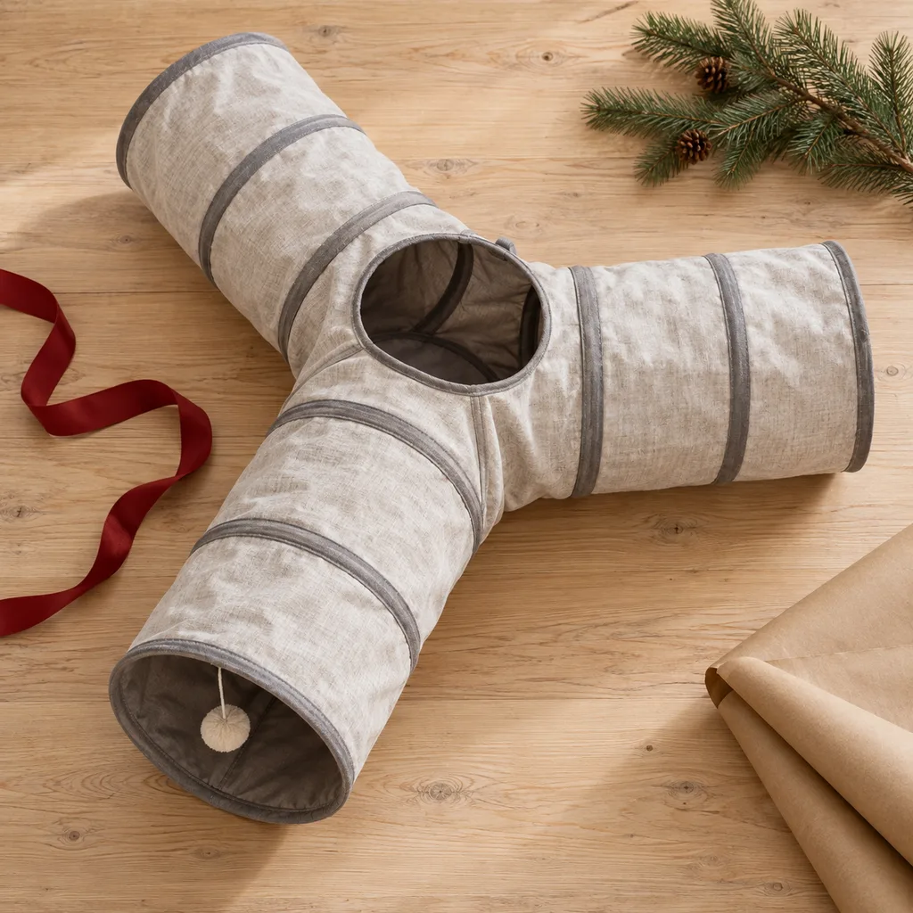 Representative photo-style image of collapsible modular cat play tunnel — generated, not a specific product