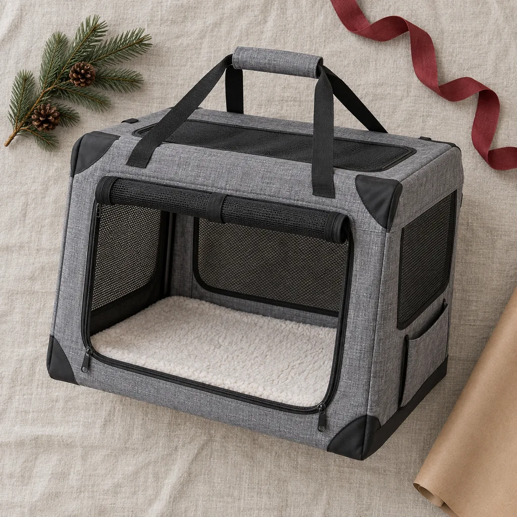 Representative photo-style image of collapsible portable fabric pet crate — generated, not a specific product