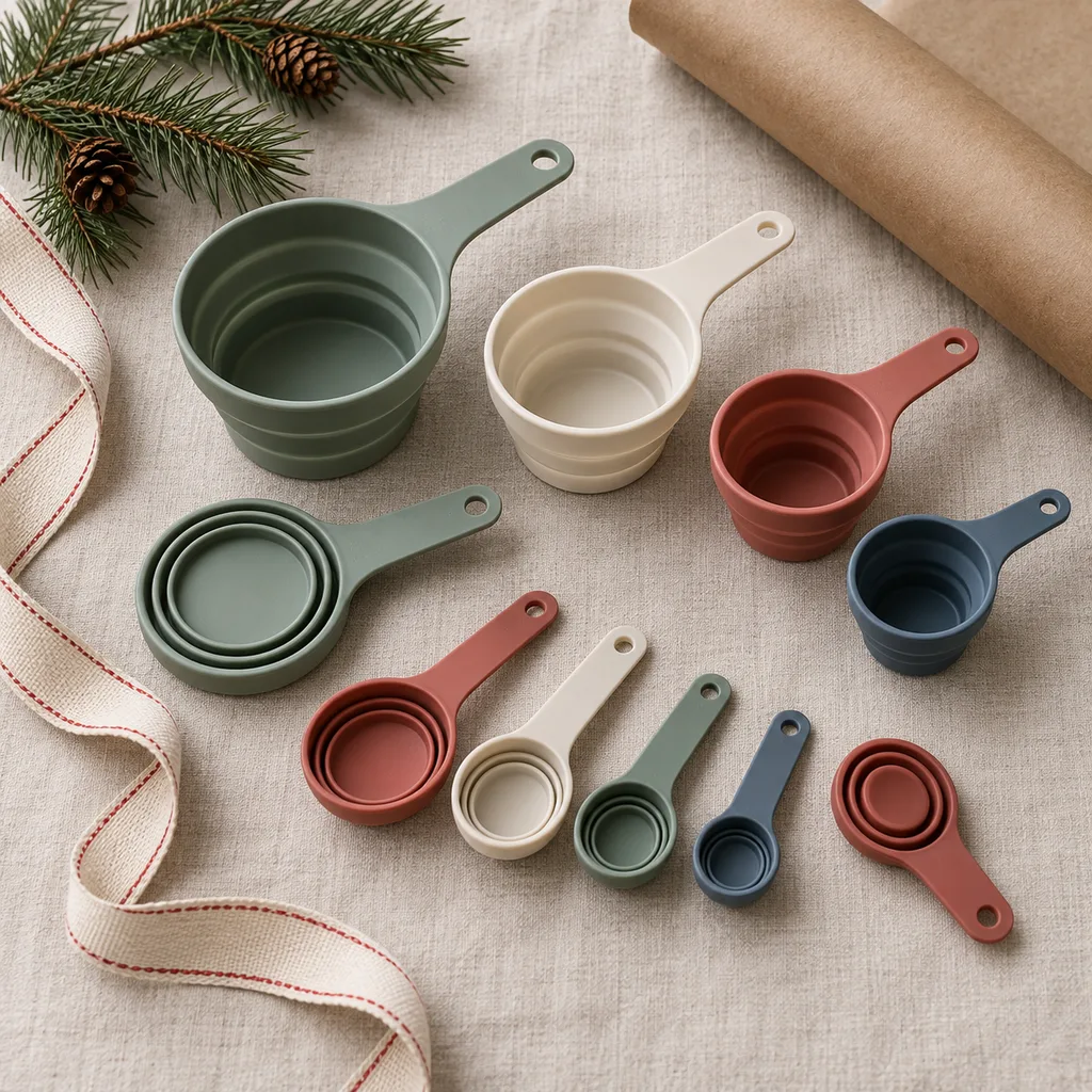 Representative photo-style image of collapsible silicone measuring cups and spoons — generated, not a specific product