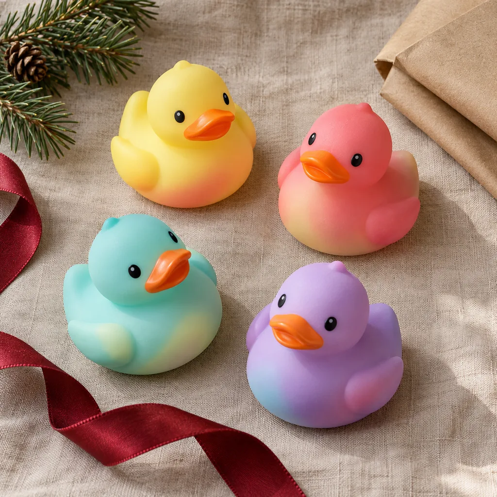 Representative photo-style image of color-changing rubber duck set — generated, not a specific product