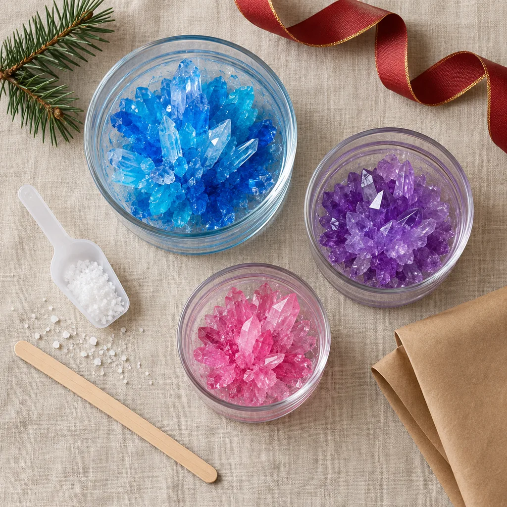 Representative photo-style image of colorful crystal growing experiment — generated, not a specific product
