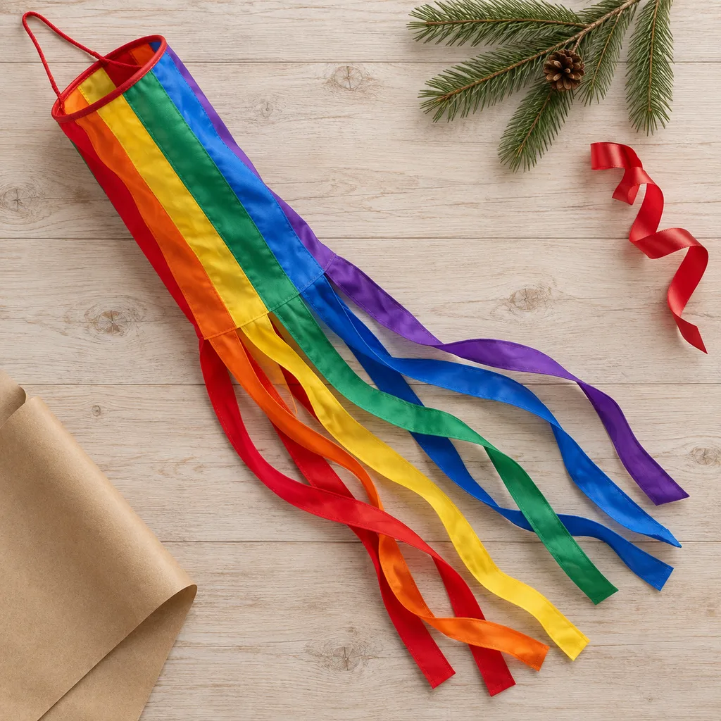 Representative photo-style image of colorful fabric wind sock spinner — generated, not a specific product