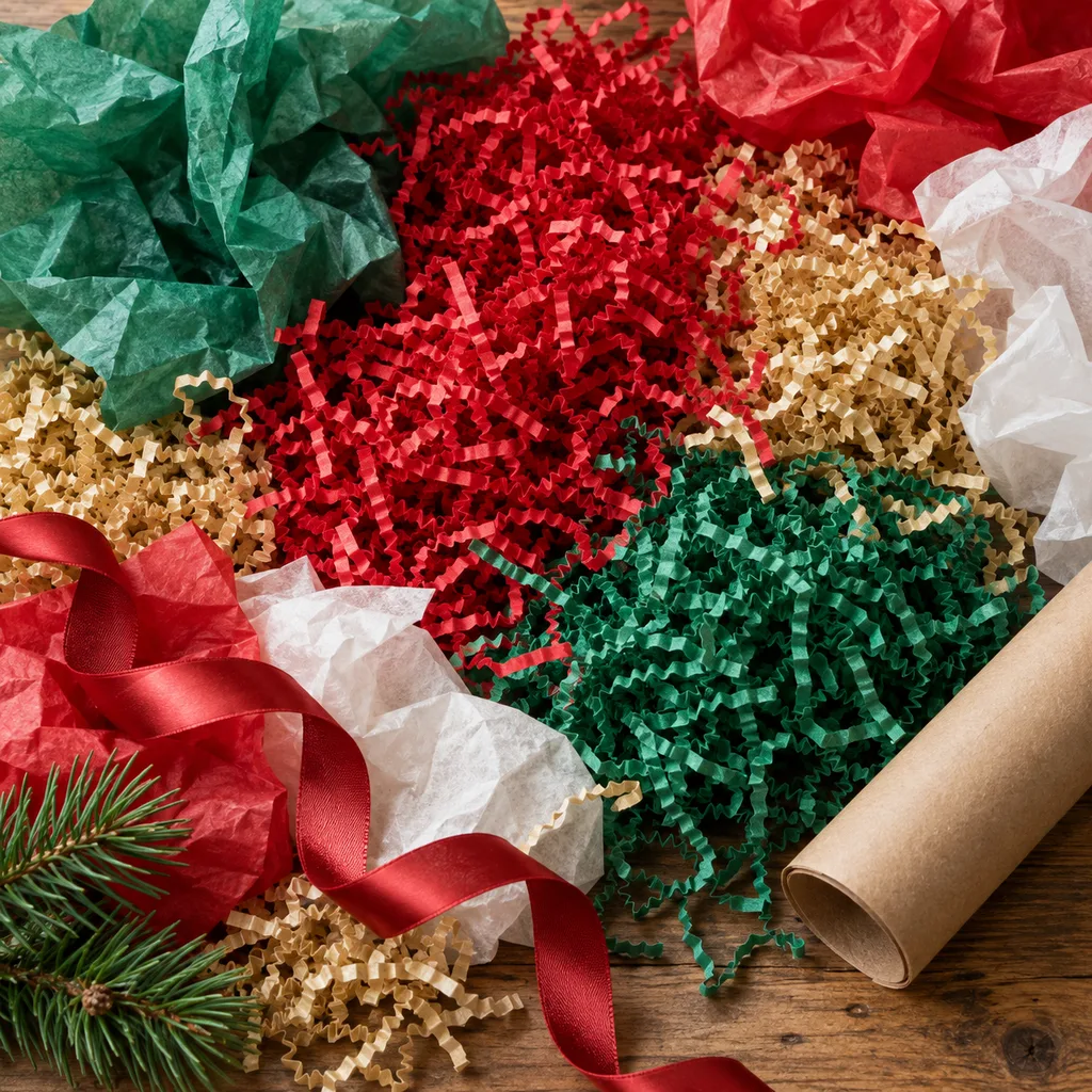 Representative photo-style image of colorful shred and tissue paper fillers — generated, not a specific product
