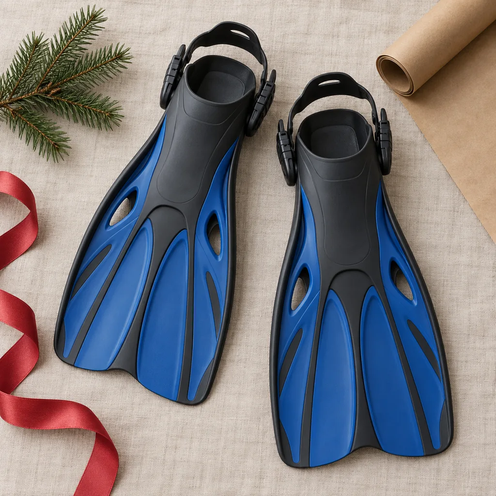 Representative photo-style image of comfortable open-heel adjustable swim fins — generated, not a specific product