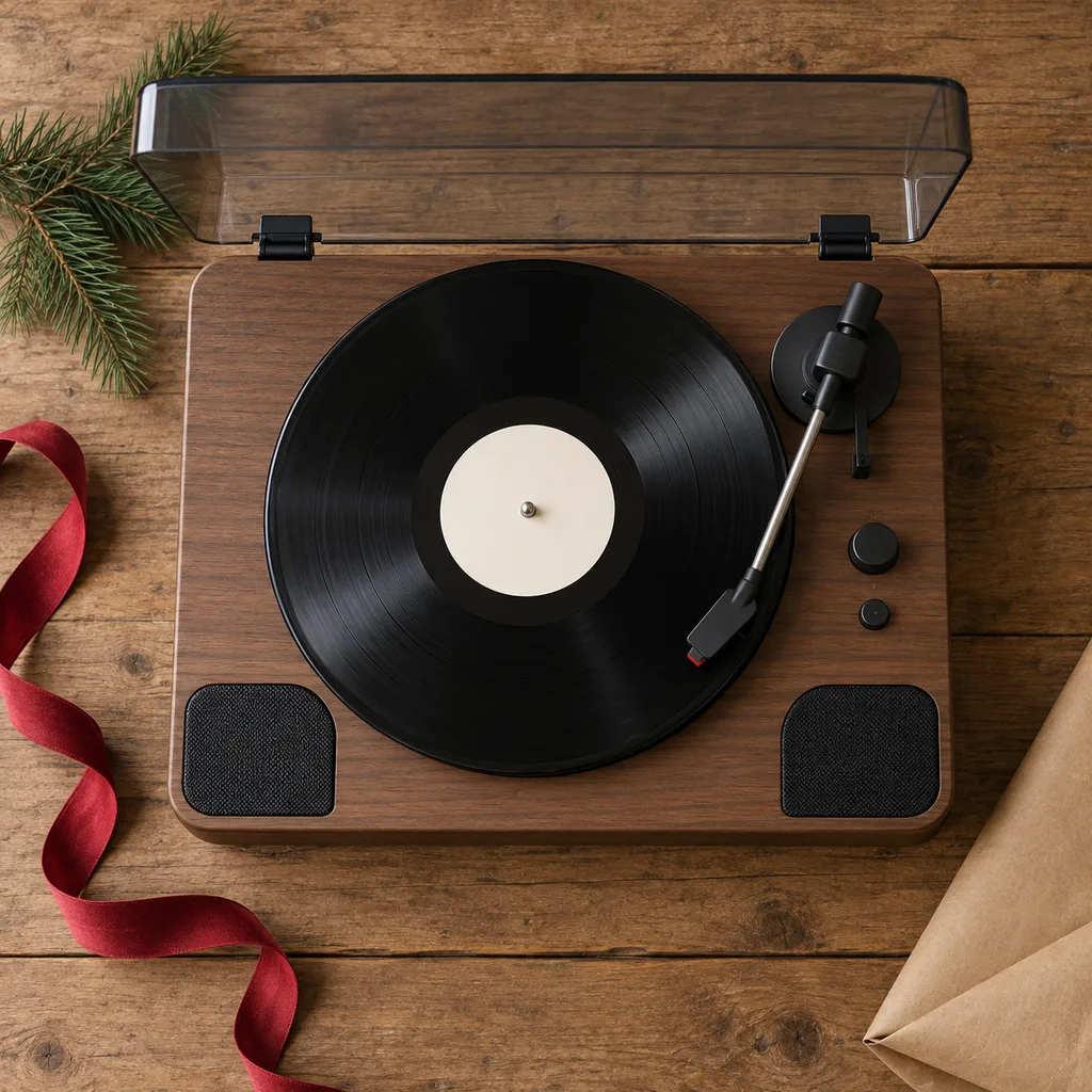 Representative photo-style image of compact all-in-one record player with speakers — generated, not a specific product