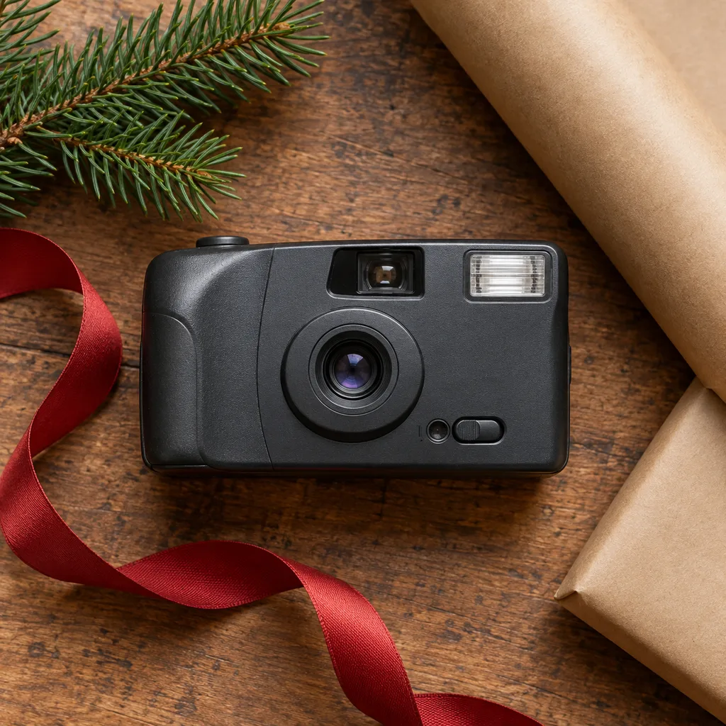 Representative photo-style image of compact automatic 35mm film camera — generated, not a specific product