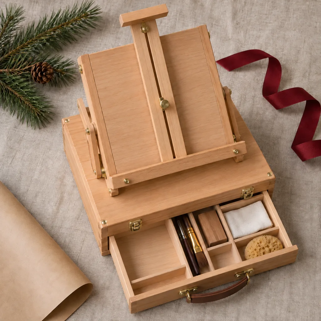 Representative photo-style image of compact box easel with storage — generated, not a specific product