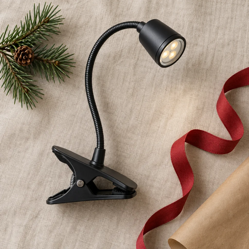 Representative photo-style image of compact clip-on task light — generated, not a specific product