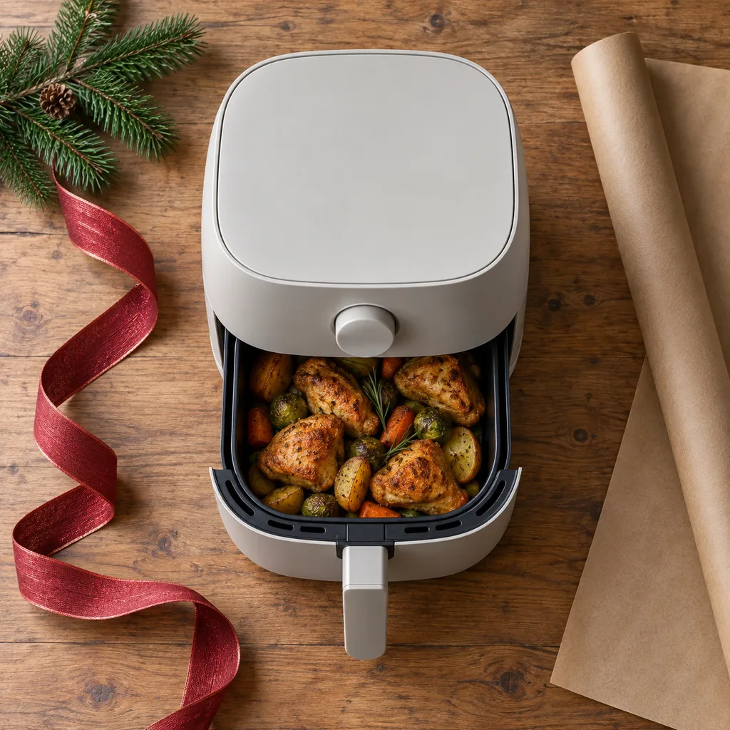 Representative photo-style image of compact countertop air fryer — generated, not a specific product