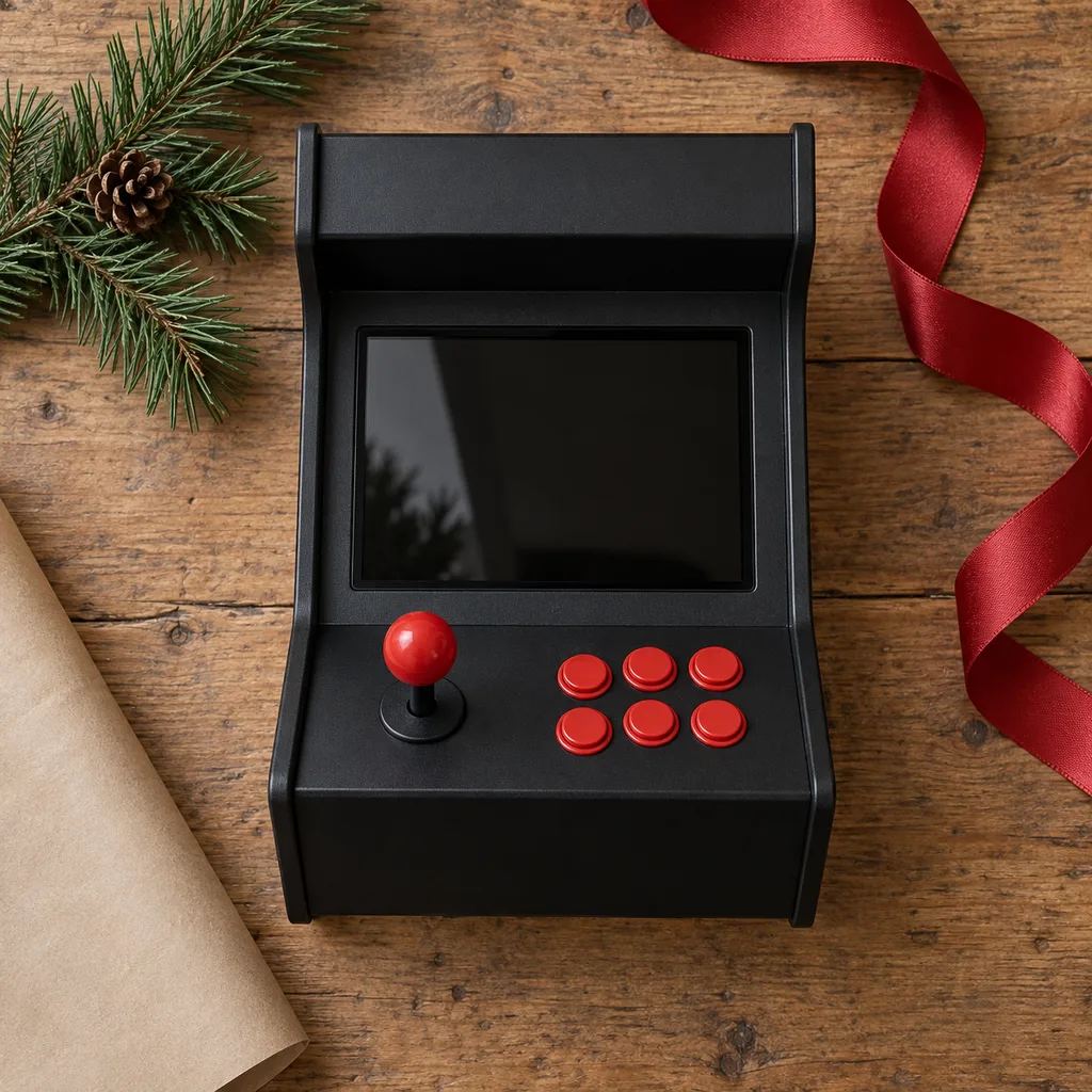 Representative photo-style image of compact countertop arcade machine — generated, not a specific product