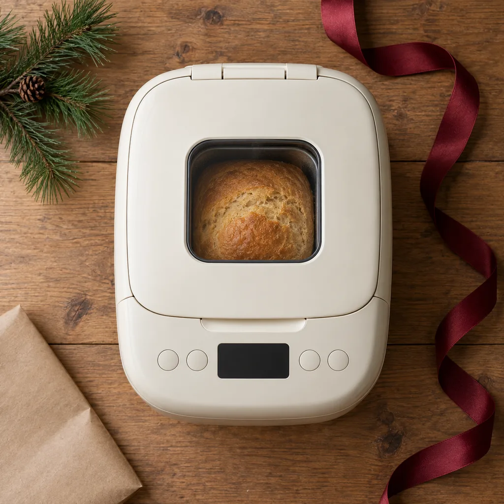 Representative photo-style image of compact countertop bread maker — generated, not a specific product