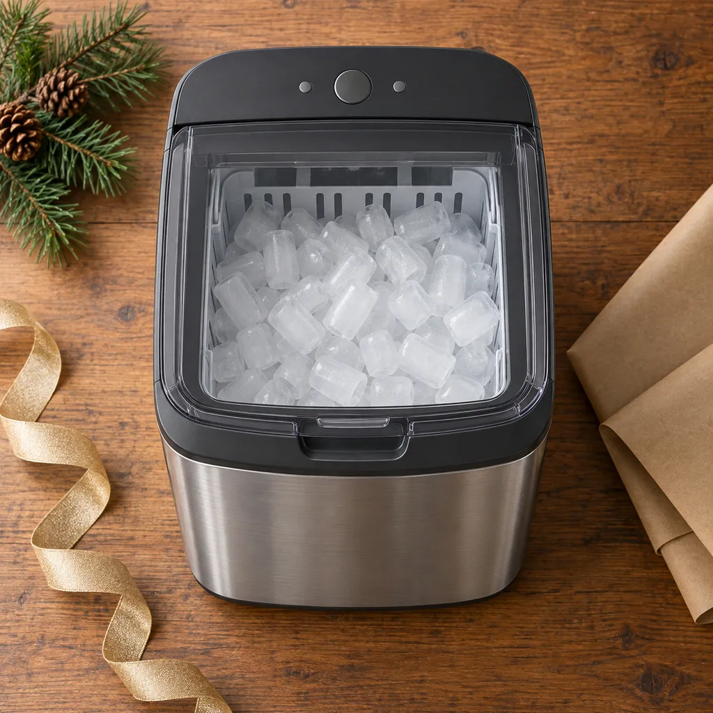 Representative photo-style image of compact countertop ice maker — generated, not a specific product