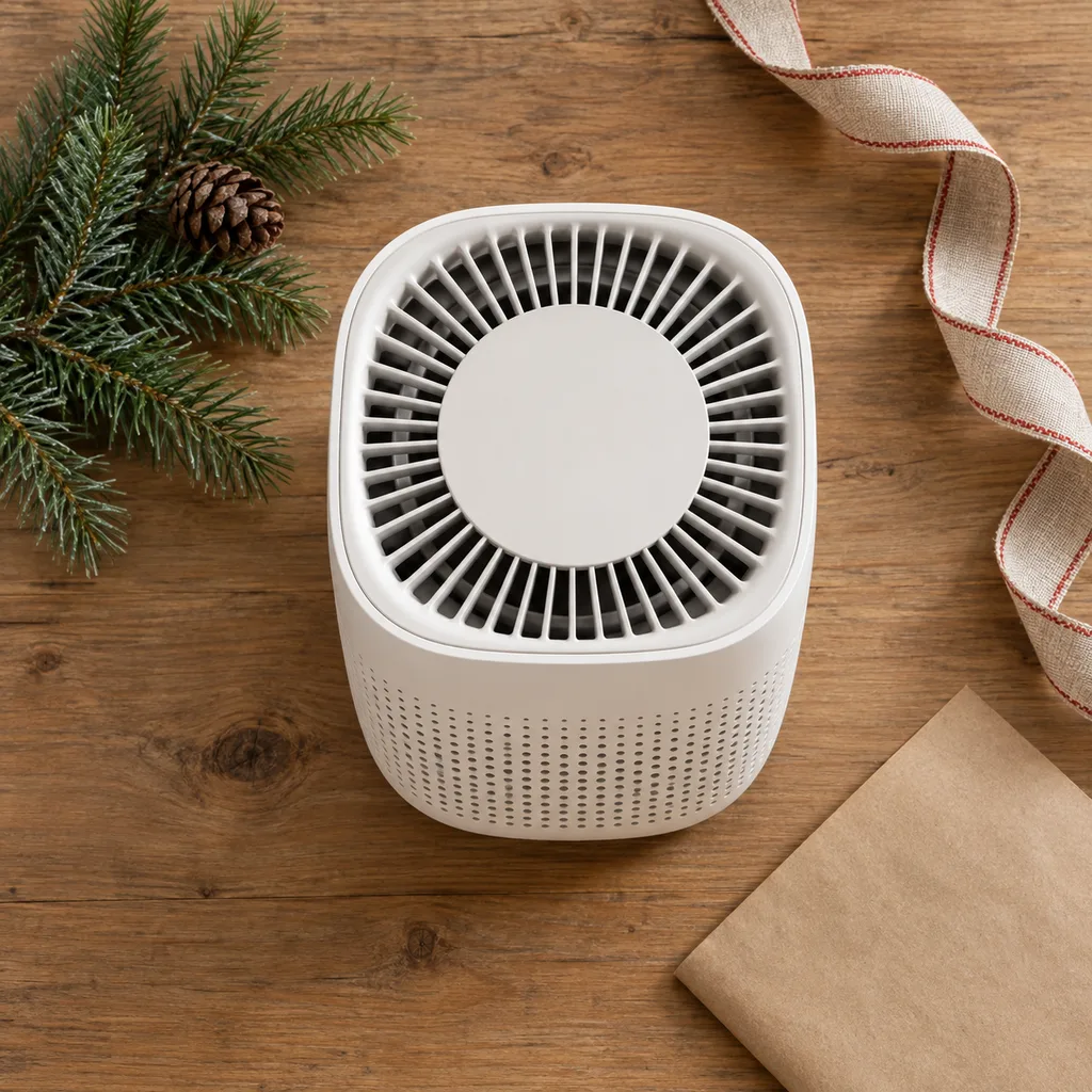 Representative photo-style image of compact desk air purifier — generated, not a specific product