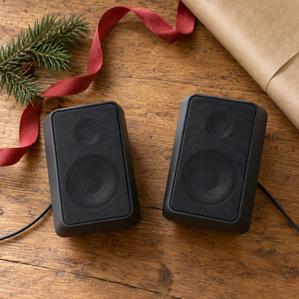 Representative photo-style image of compact desktop computer speakers — generated, not a specific product