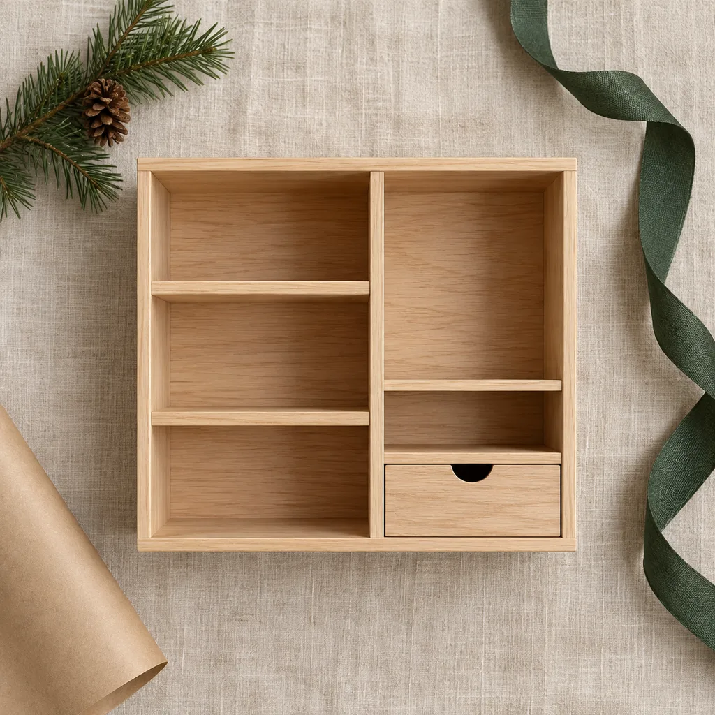 Representative photo-style image of compact desktop storage shelf — generated, not a specific product